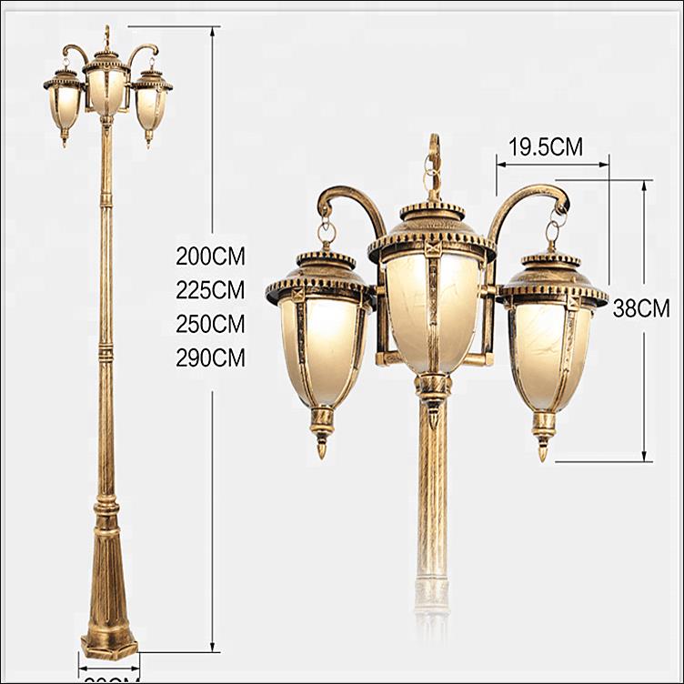 Outdoor 2- 3m antique three lamps post Gardenlamppost, antique European decorative road lamp post